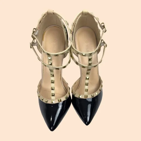 Wild Diva Lounge 64 Sexy Stud Patent Leather Stiletto Black Beige Heels Size 9 - Picture 1 of 16